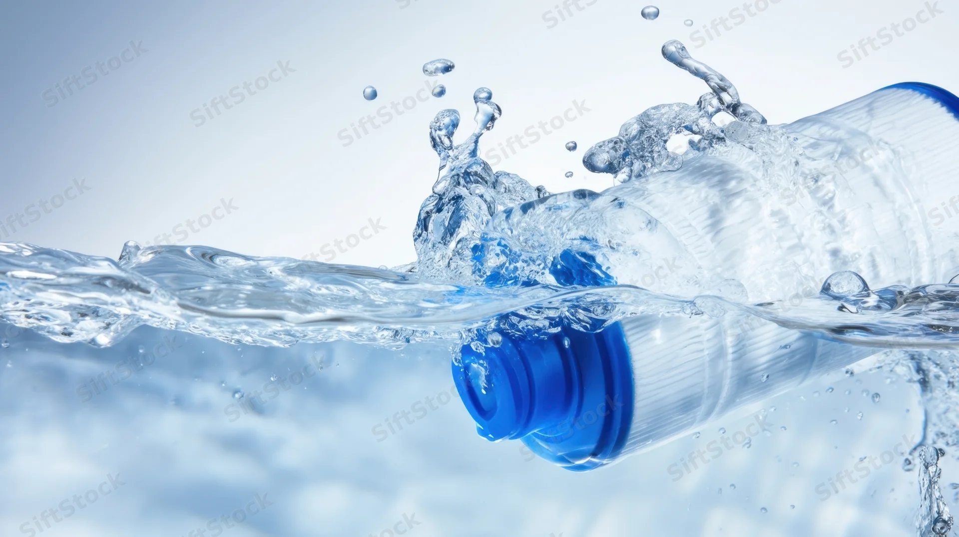 Plastic water bottle partially submerged in splashing water with blue cap visible above surface