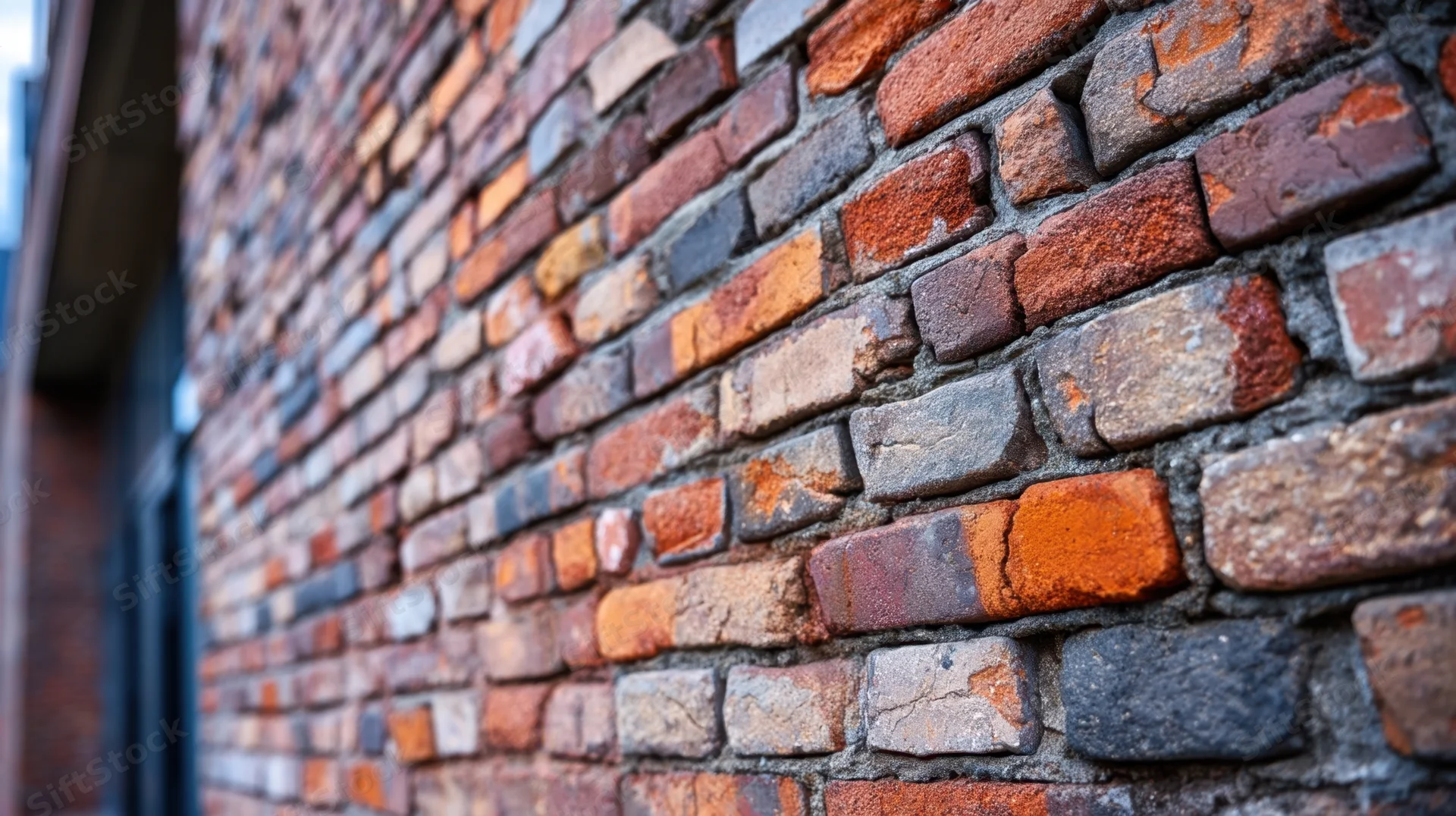 Weathered brick wall with varied colors and textures in an urban setting