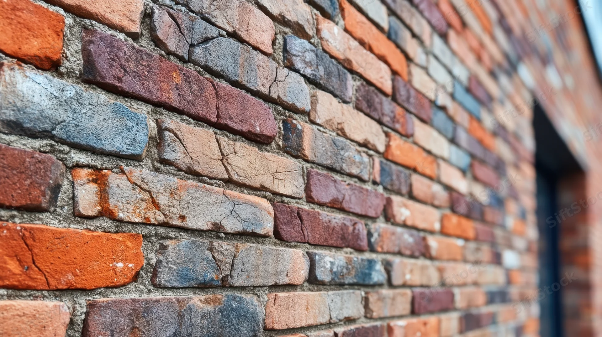 Close-up of a weathered brick wall with cracked bricks and mortar, showing aged texture and rustic character
