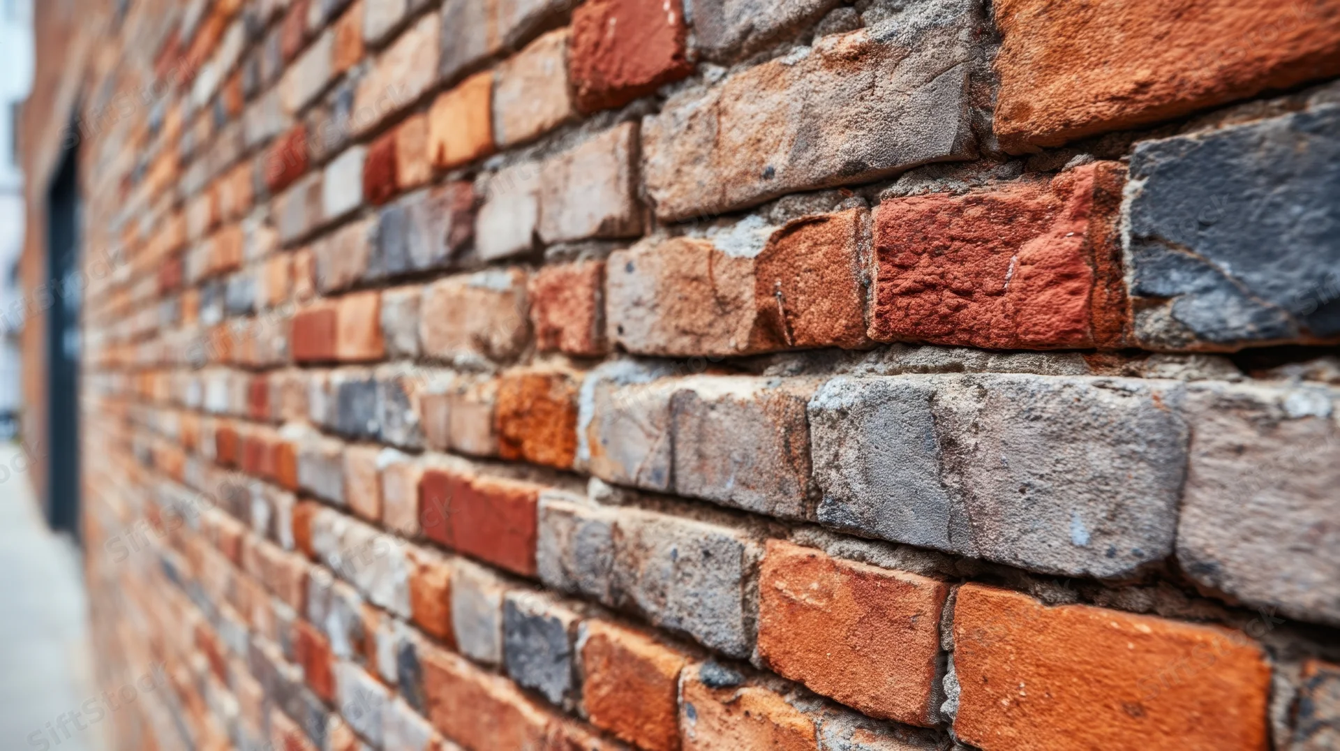Closeup of a weathered brick wall on an urban street facade