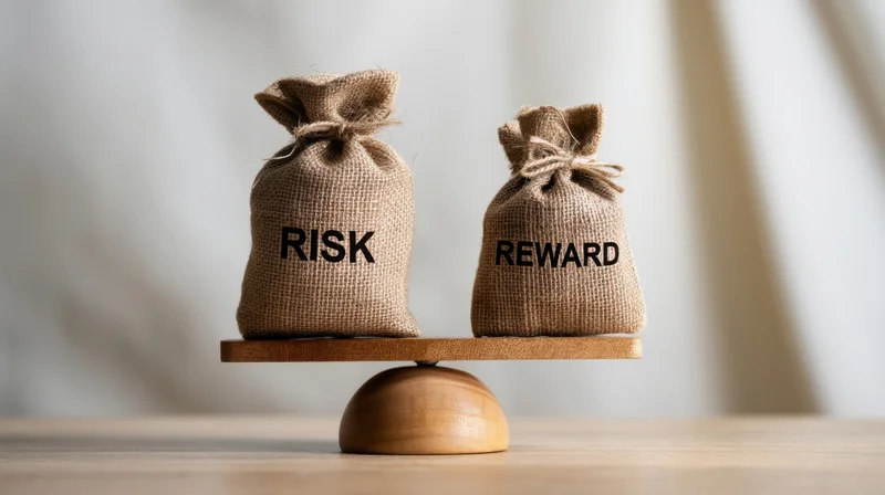 Two burlap bags labeled risk and reward balanced on a wooden scale on a table