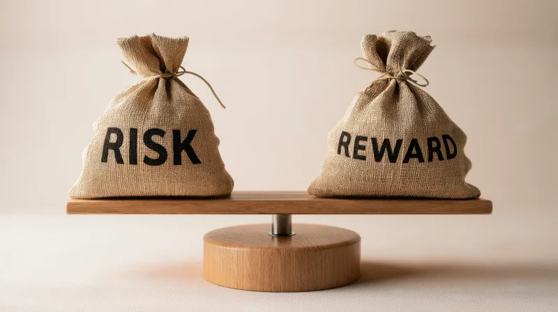 Two burlap sacks labeled risk and reward balanced on a wooden scale