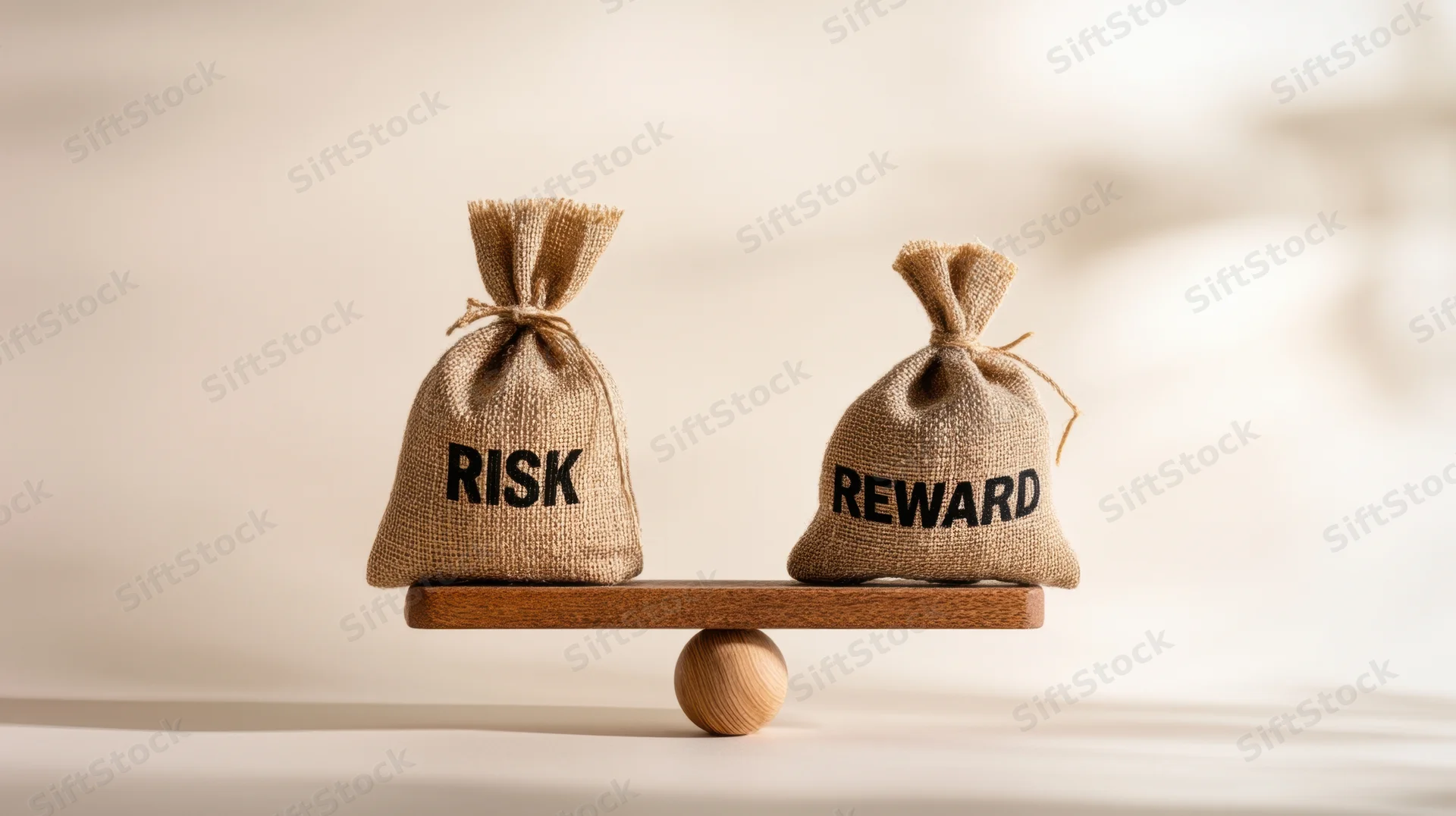 Two burlap sacks labeled risk and reward balanced on a wooden scale
