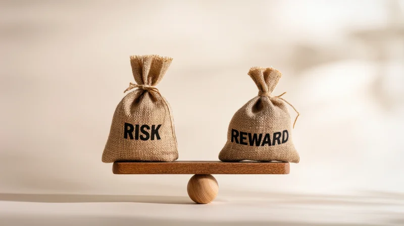 Two burlap sacks labeled risk and reward balanced on a wooden scale
