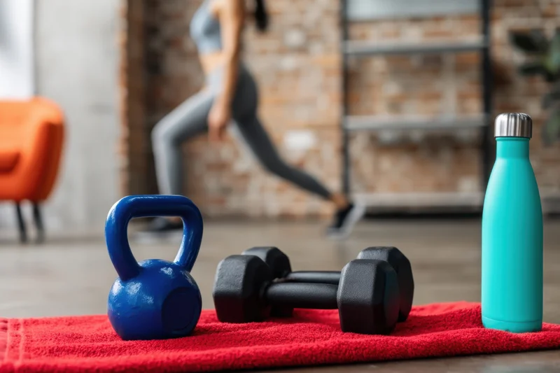 Woman exercising in home gym with kettlebell, dumbbells and water bottle on red towel in foreground