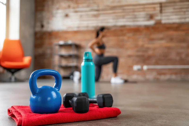 Blue kettlebell and dumbbells on red towel with water bottle in foreground, woman exercising in background in home gym