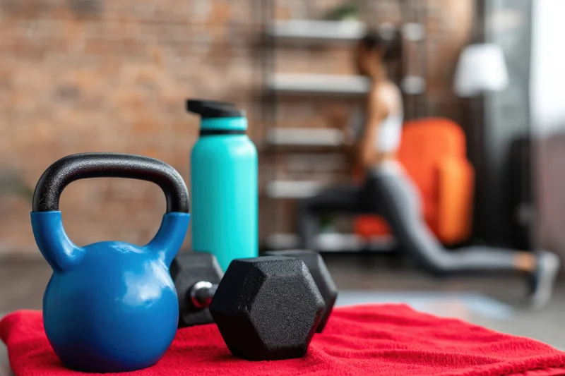 Blue kettlebell and black dumbbells on red towel with water bottle, woman exercising in background at home gym