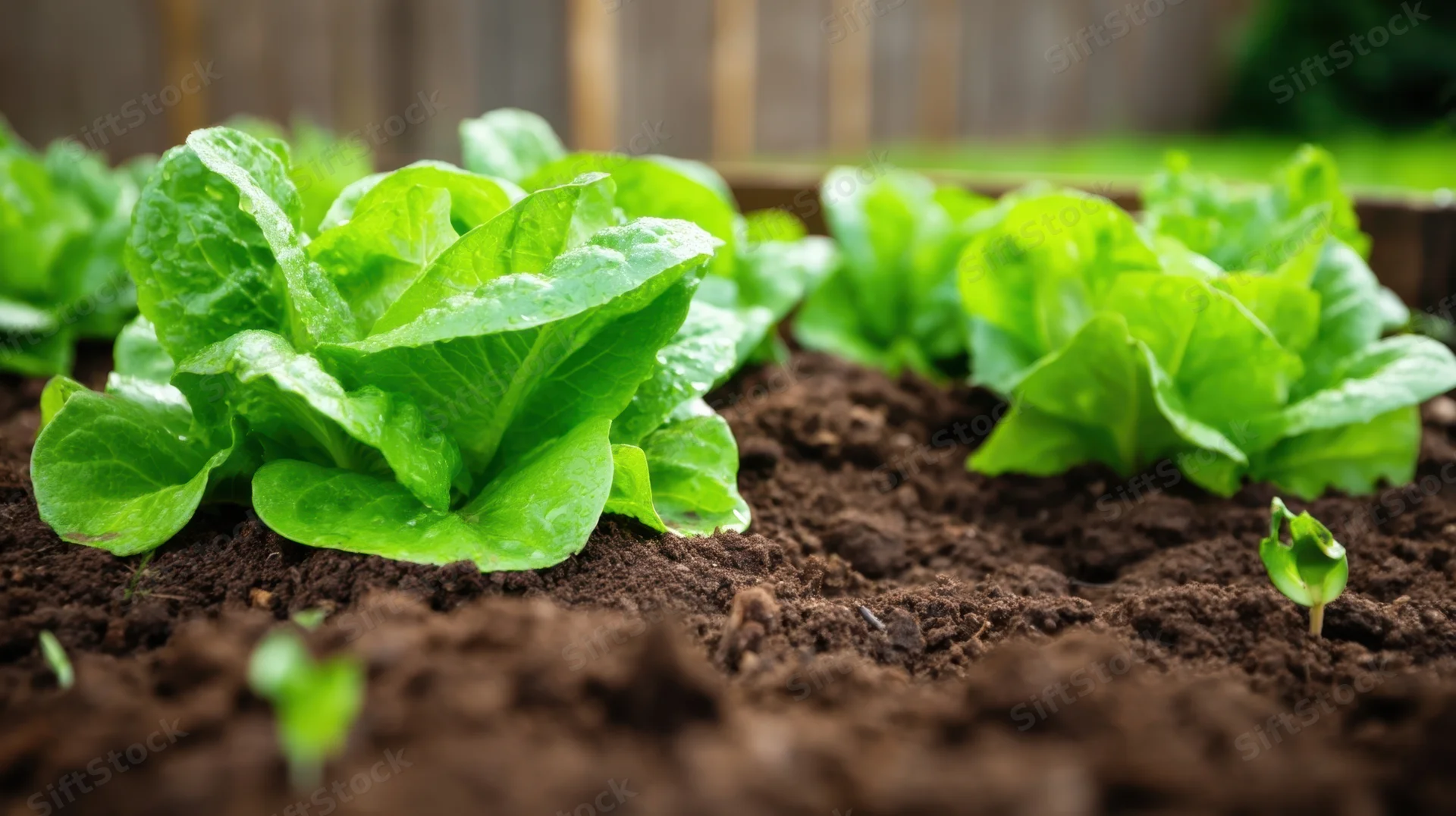 Rows of fresh lettuce growing in rich soil in a raised garden bed