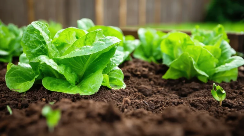 Rows of fresh lettuce growing in rich soil in a raised garden bed