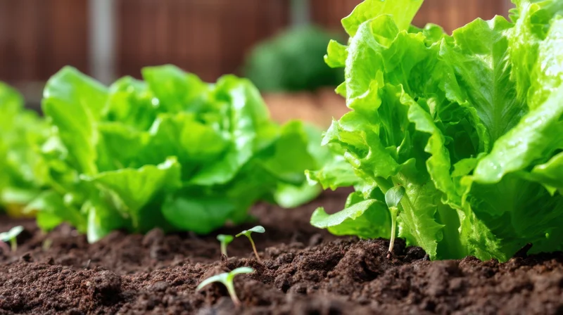 Rows of fresh lettuce growing in rich soil in a garden bed