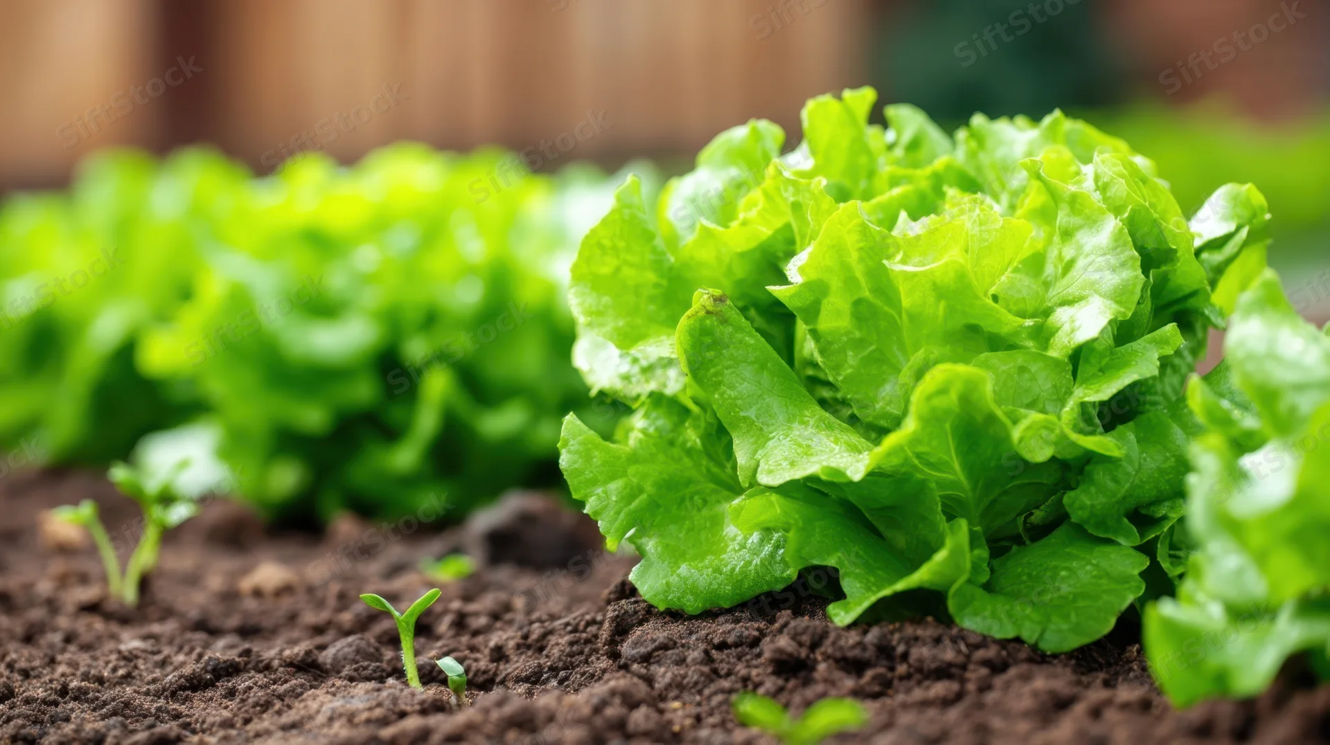 Fresh lettuce growing in soil in a garden bed