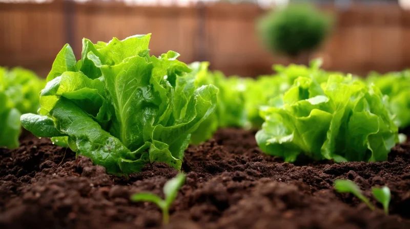 Lettuce growing in rich soil in a raised garden bed
