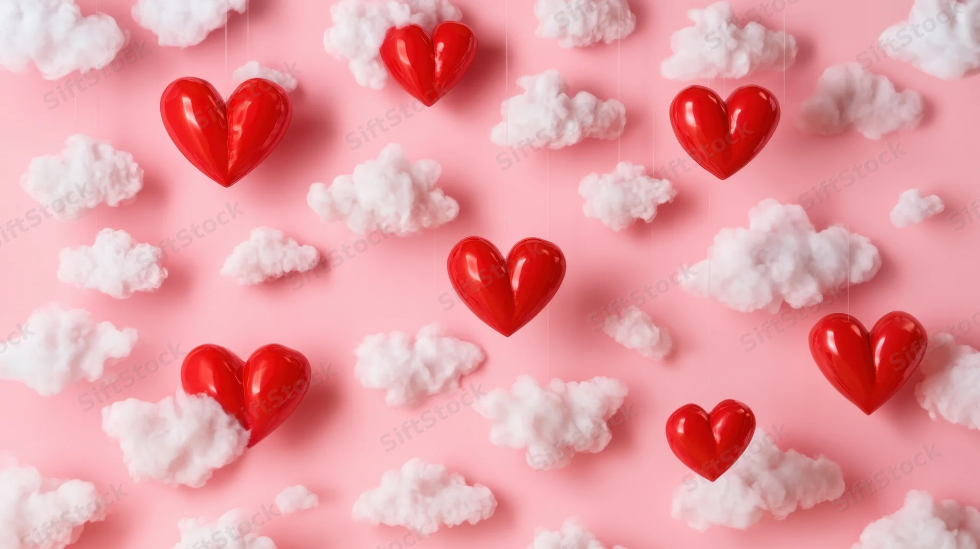 Red heart-shaped decorations floating among white clouds on a pink background