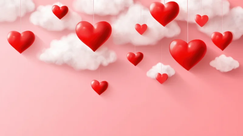 Red hearts hanging from clouds against a pink sky