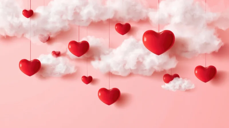 Red hearts hanging from white clouds against a pink background