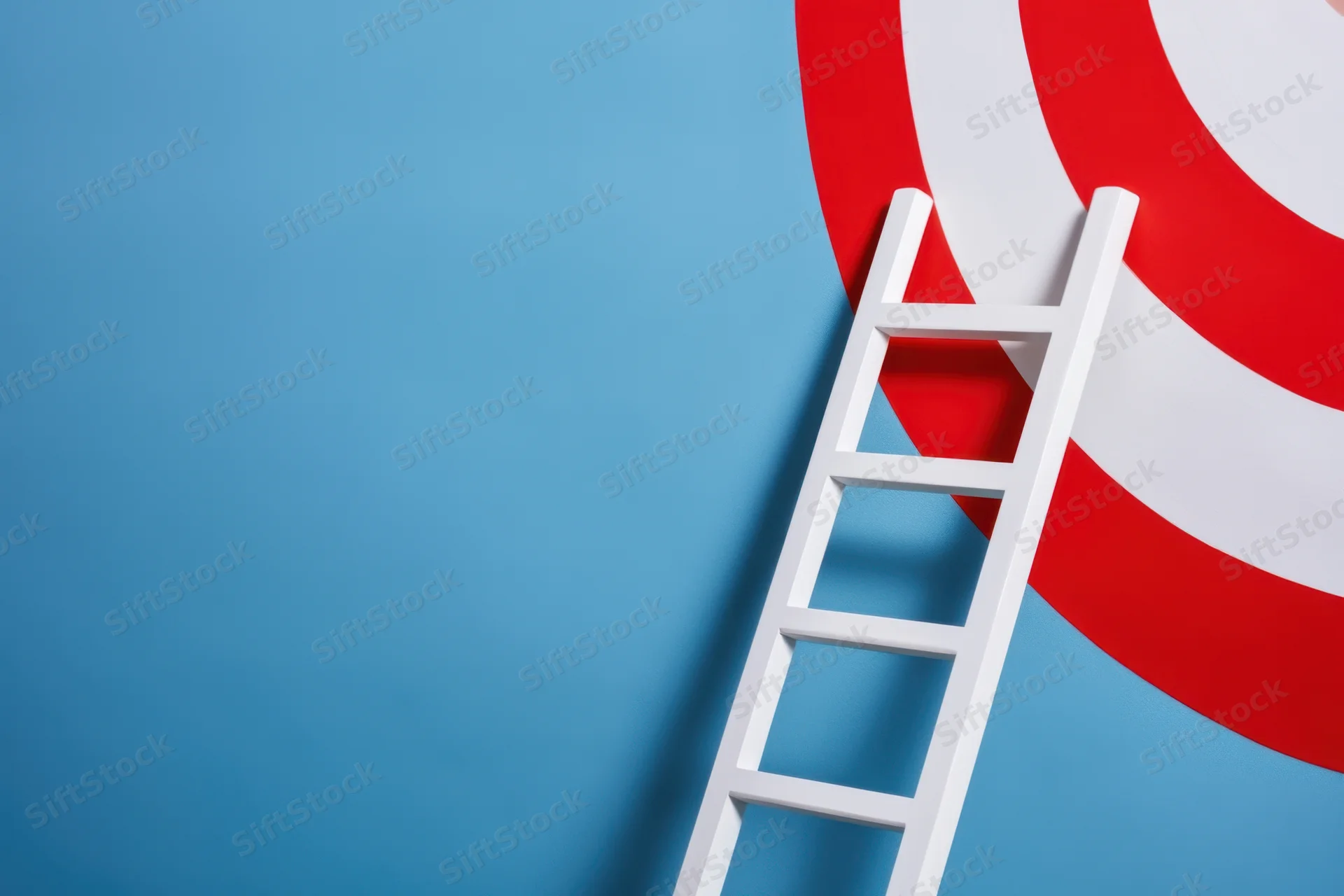 White ladder leaning against a red and white target on a blue background