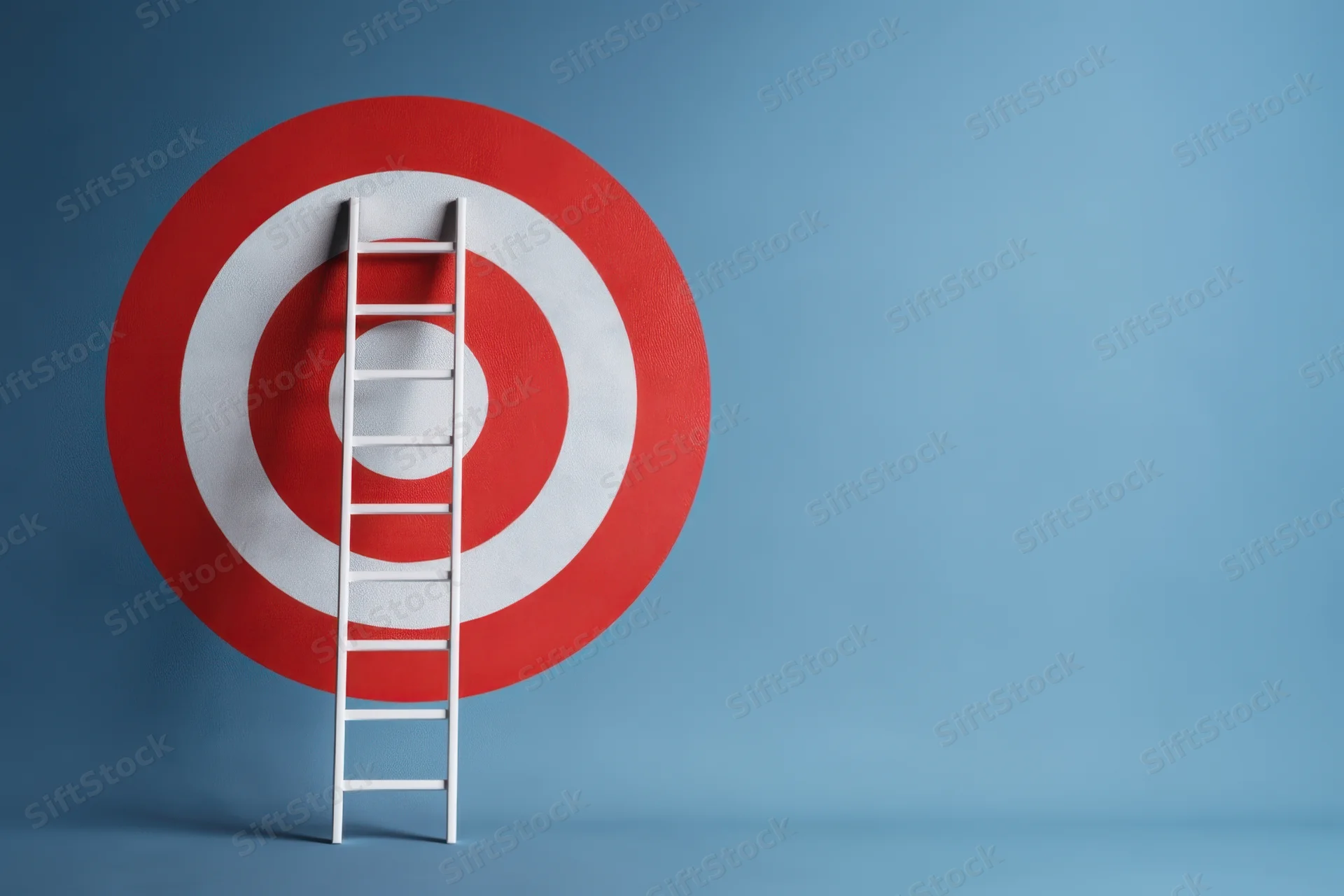 White ladder leaning against a red and white target on a blue background