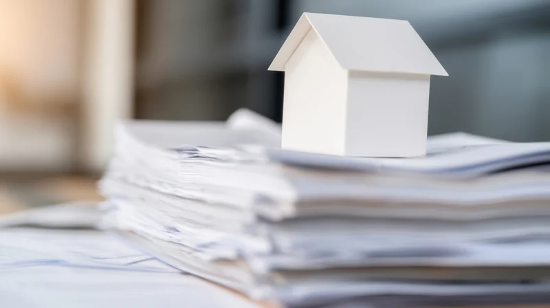 White miniature house model resting on a stack of documents on a desk