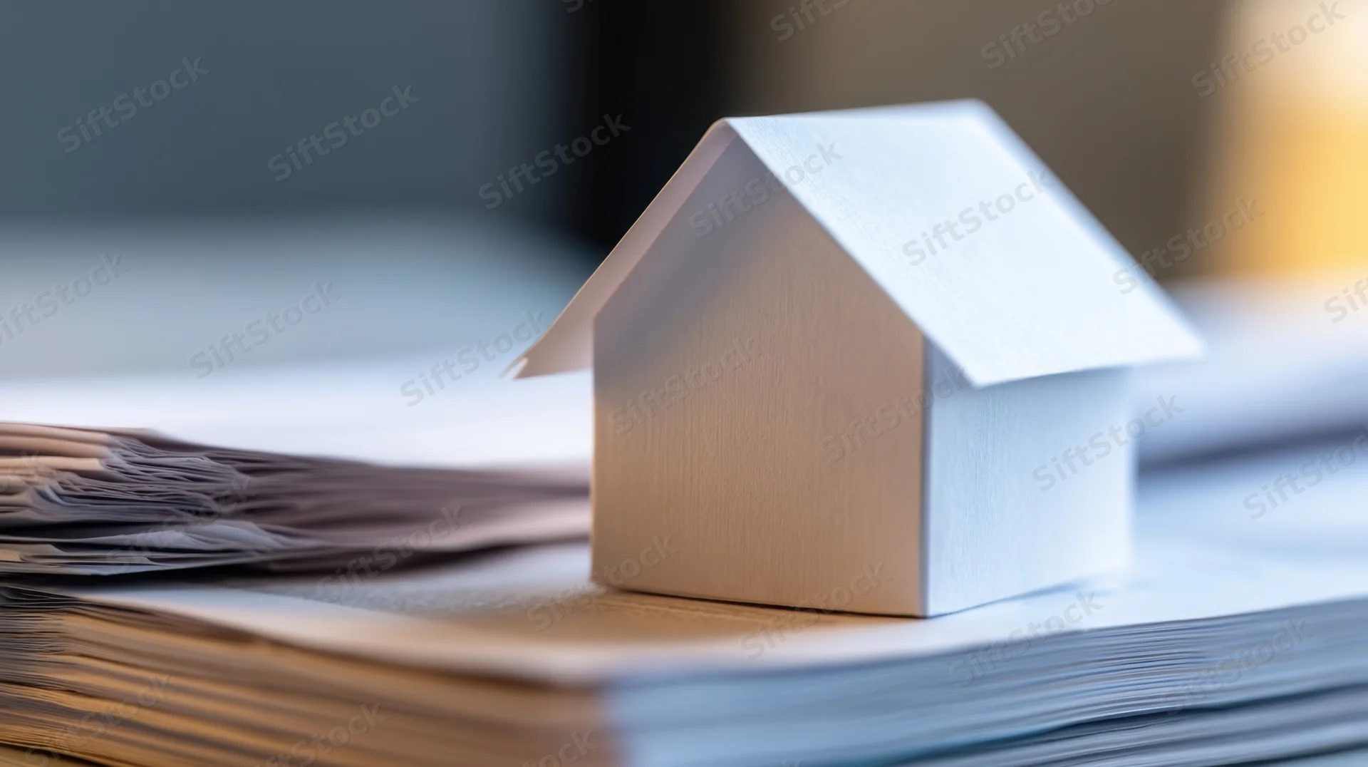 White paper house model on stack of documents on desk