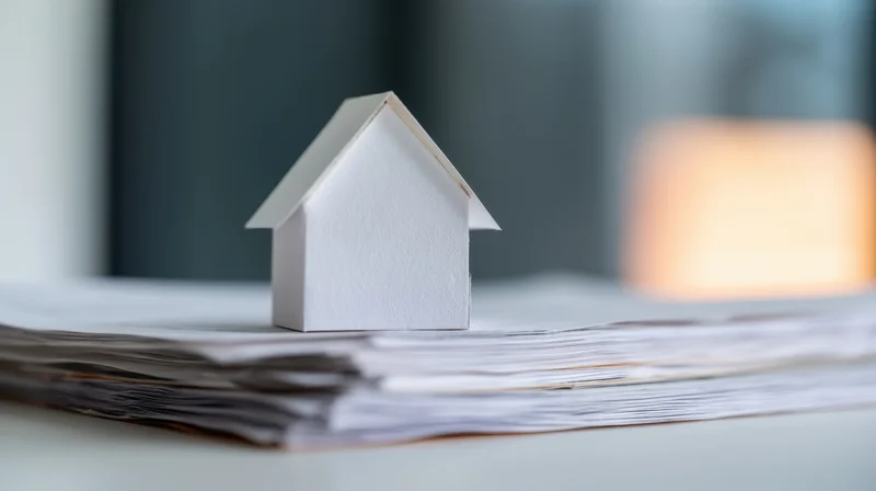 White paper house model on stack of documents on desk