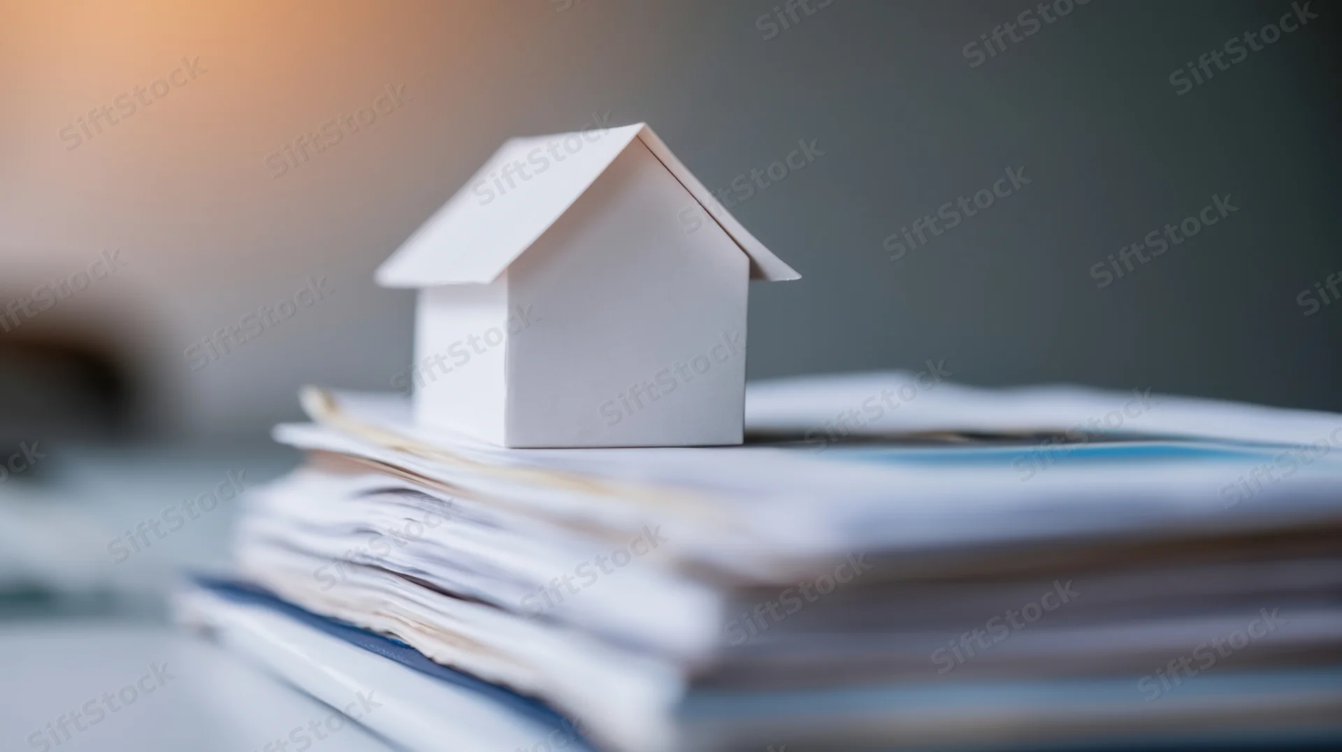 White paper house model on stack of documents on desk