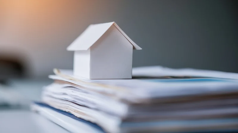 White paper house model on stack of documents on desk