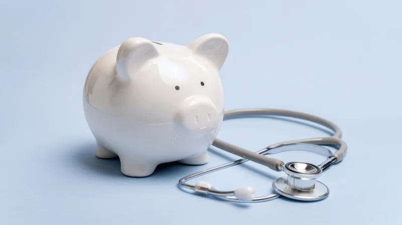 White ceramic piggybank with stethoscope on light blue surface