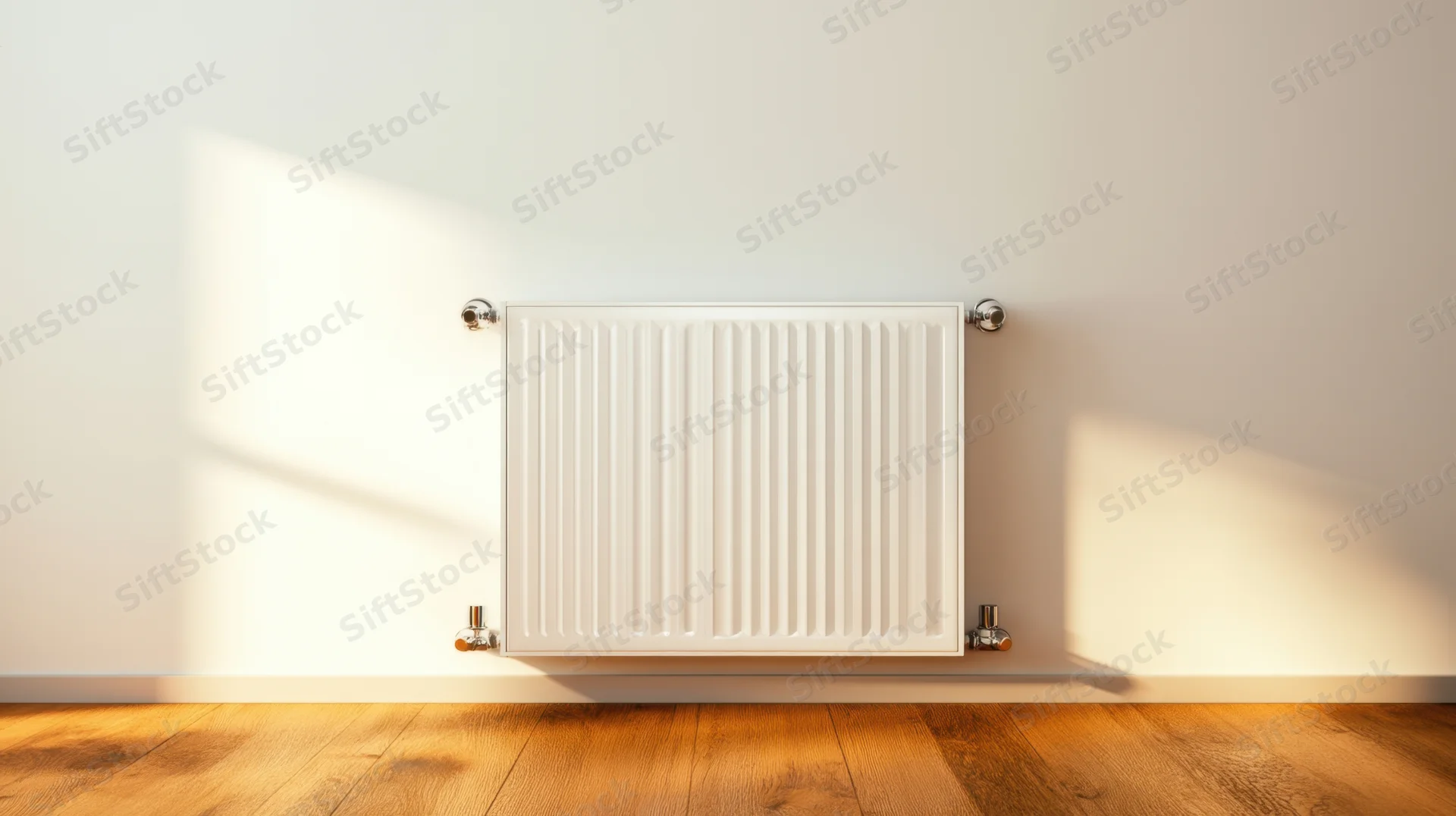 White radiator mounted on a plain wall in a bright room with wooden flooring