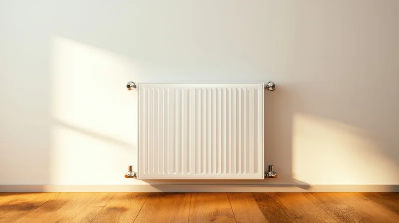 White radiator mounted on a plain wall in a bright room with wooden flooring