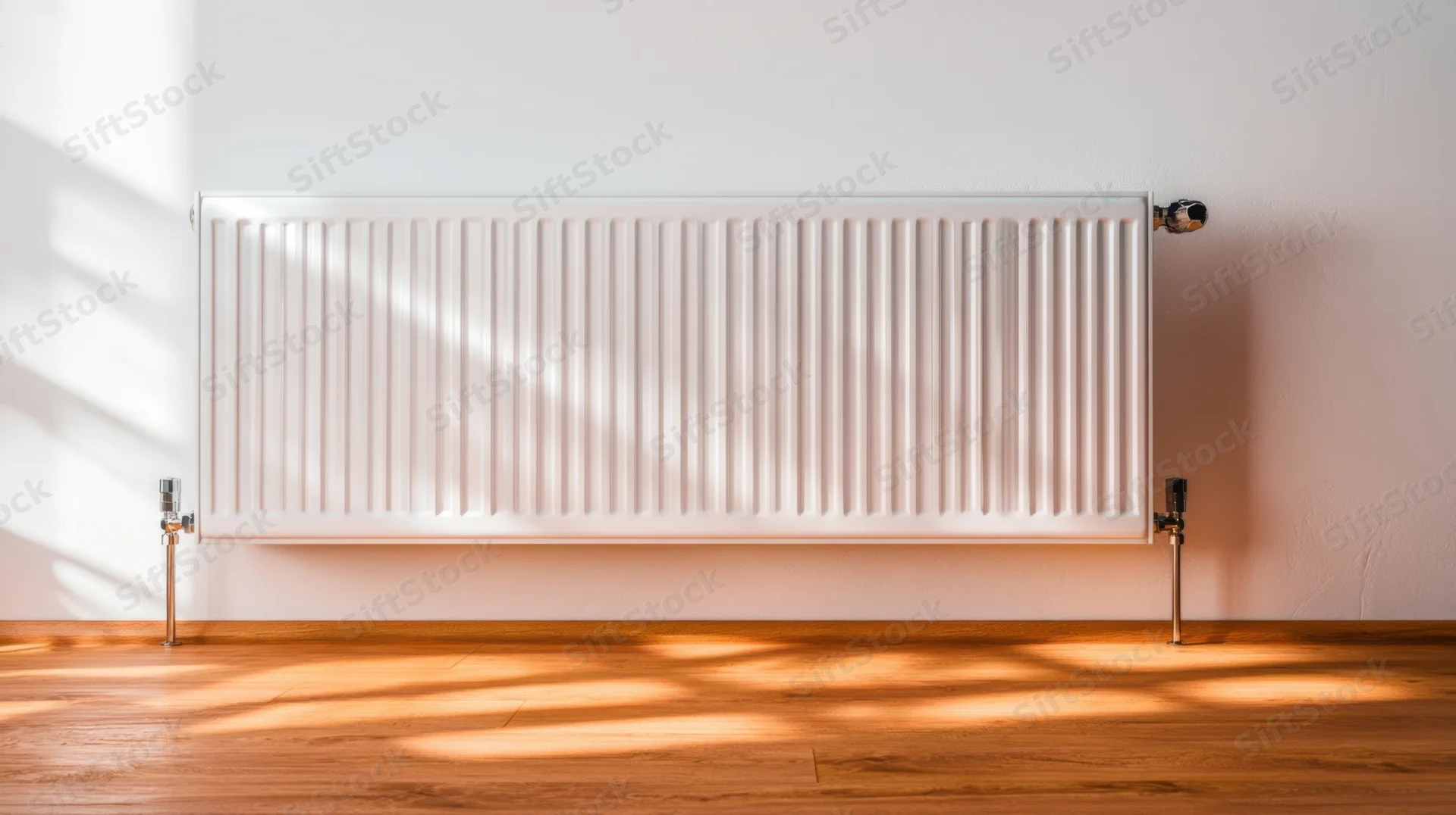 White radiator mounted on a plain wall in a sunlit room with wooden flooring