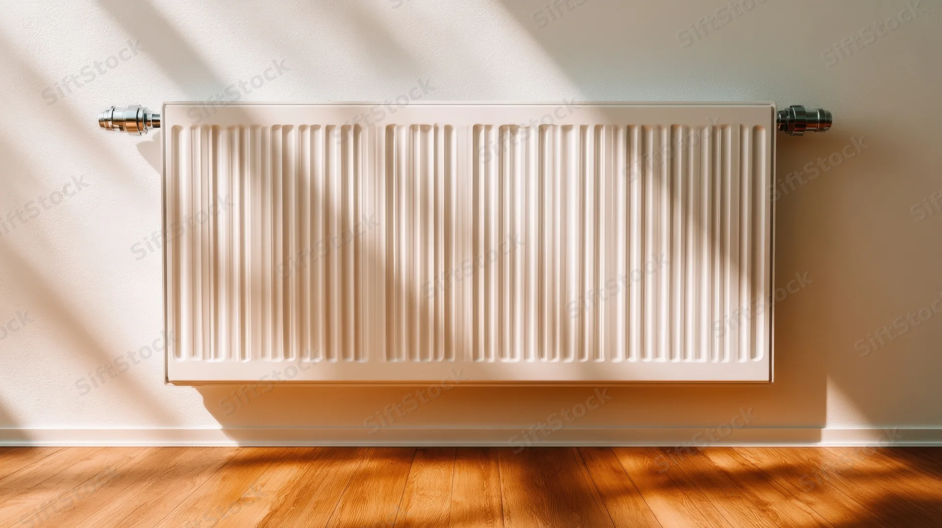 White radiator mounted on a wall in a sunlit room with wooden flooring