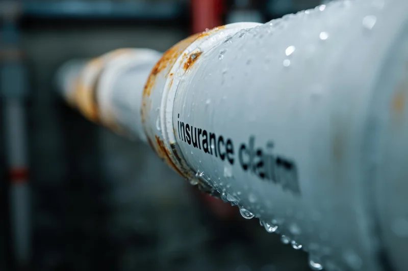 White pipe with water droplets and insurance claim text in industrial setting