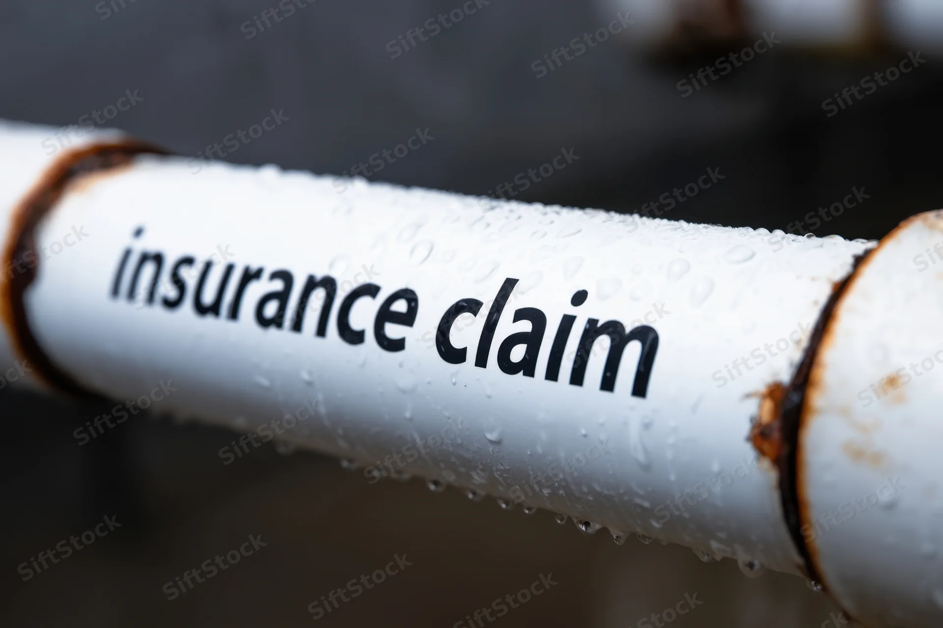White pipe with insurance claim text and water droplets showing damage