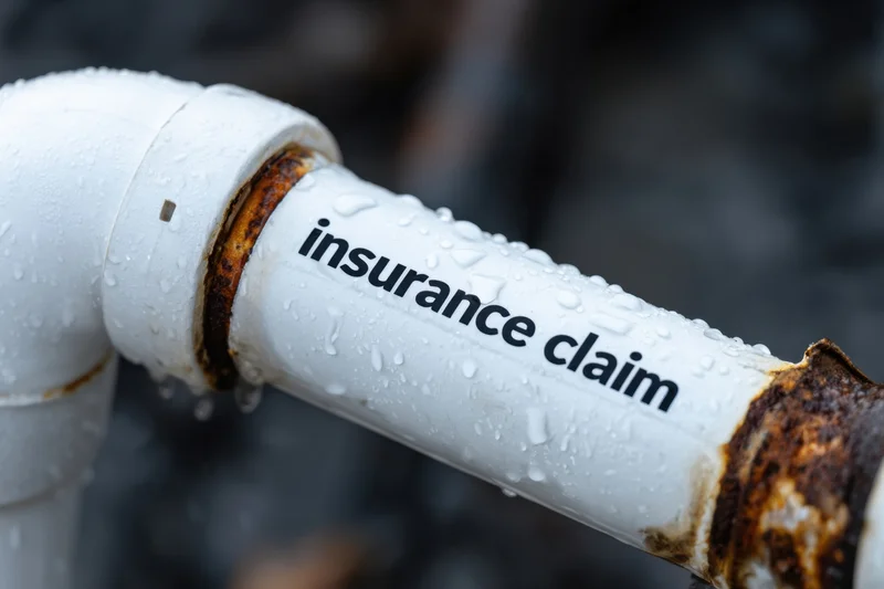 White pipe with rusted joint and water droplets labeled insurance claim