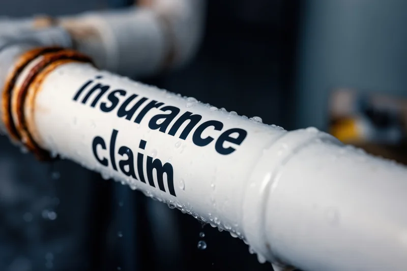 White pipe with insurance claim text leaking water in a damaged plumbing system