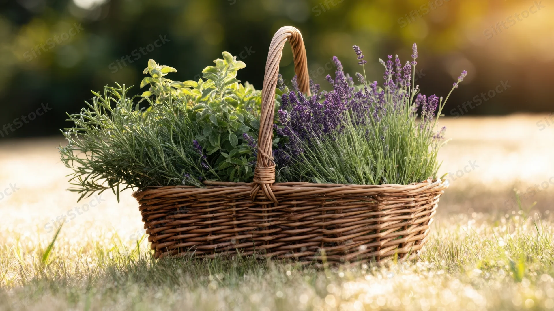 Wicker basket filled with lavender and herbs resting on grass in sunlight