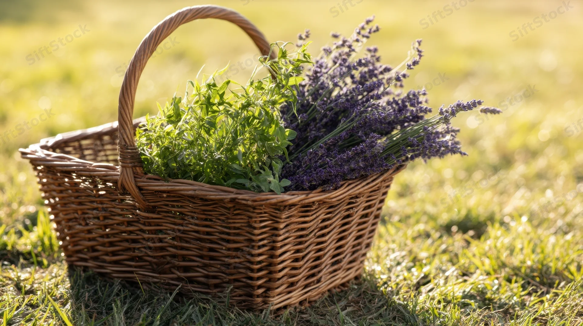 Wicker basket filled with lavender and green herbs resting on grass in a sunlit field