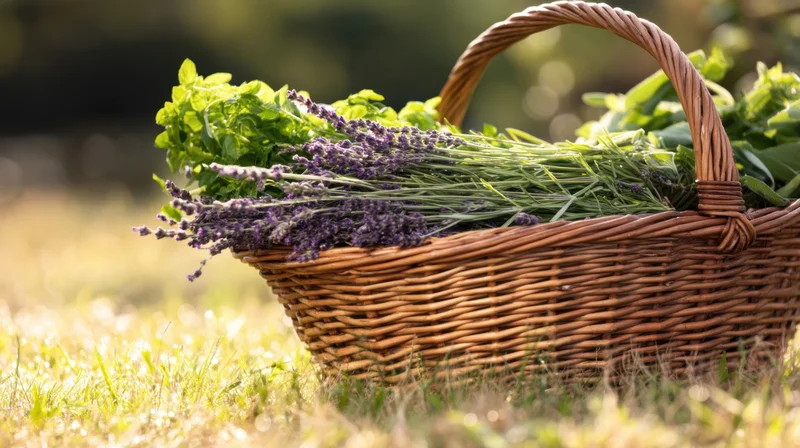 Wicker basket filled with lavender and green herbs resting on grass in a sunlit garden