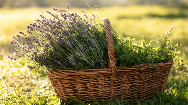 Wicker basket filled with lavender and green herbs resting on grass in a sunlit field