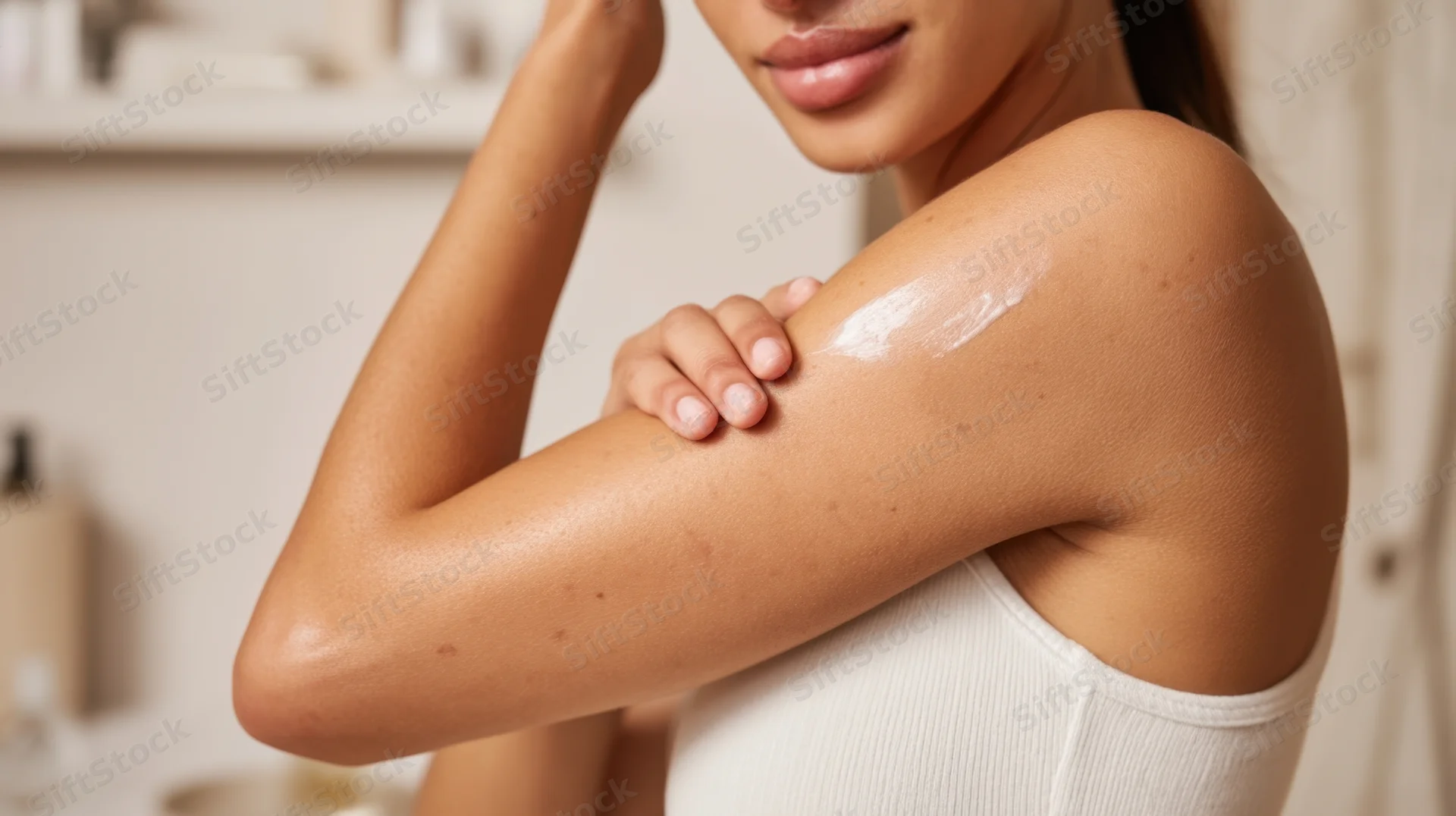 Woman applying moisturizer to her arm in a bathroom