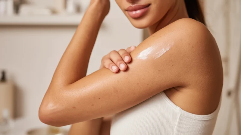 Woman applying moisturizer to her arm in a bathroom