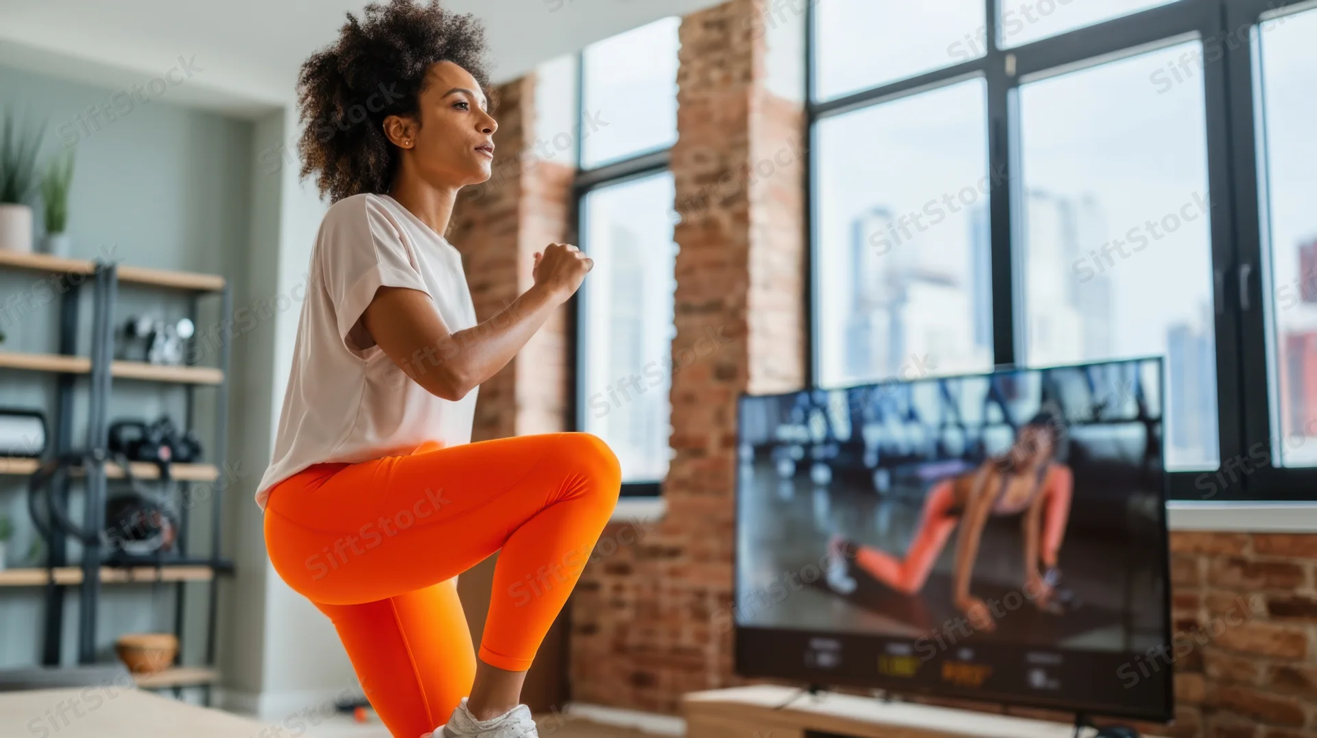Woman performing squat exercise at home while following workout video on television