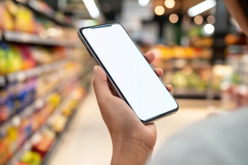 Woman holding smartphone with blank screen in grocery store aisle
