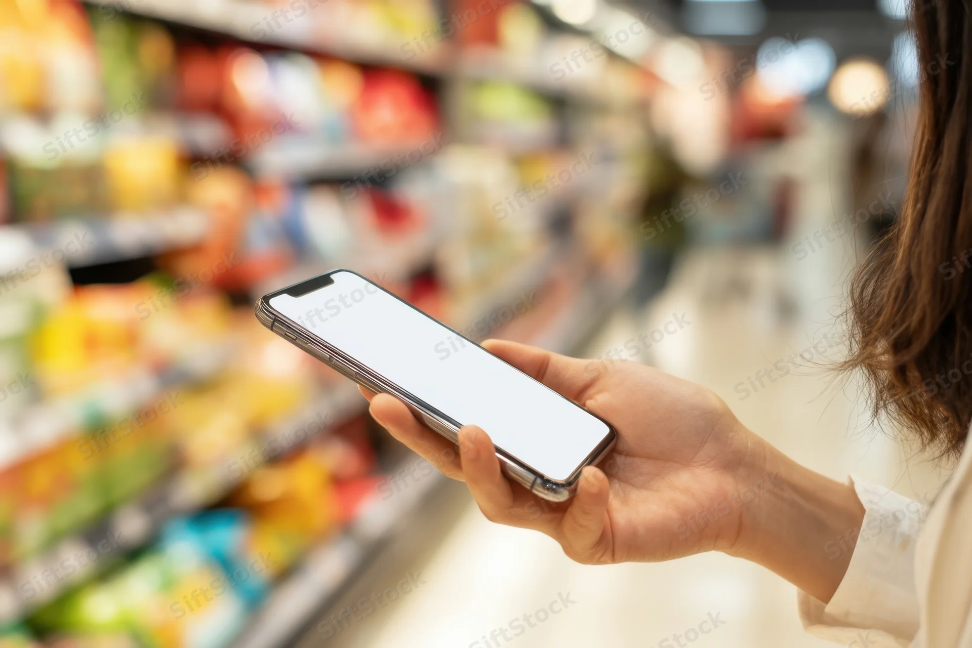 Woman holding smartphone with blank screen in grocery store aisle