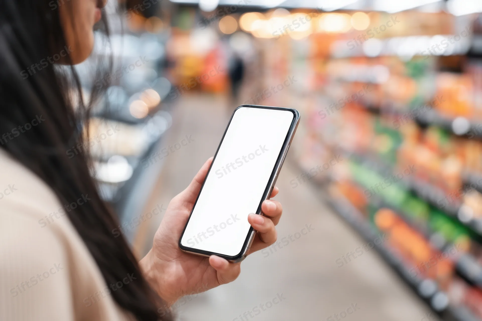 Woman holding smartphone with blank screen in grocery store aisle
