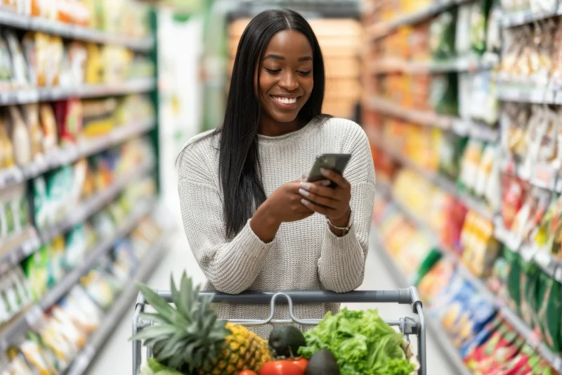 Woman smiling while using smartphone in grocery store aisle with shopping cart full of fresh produce
