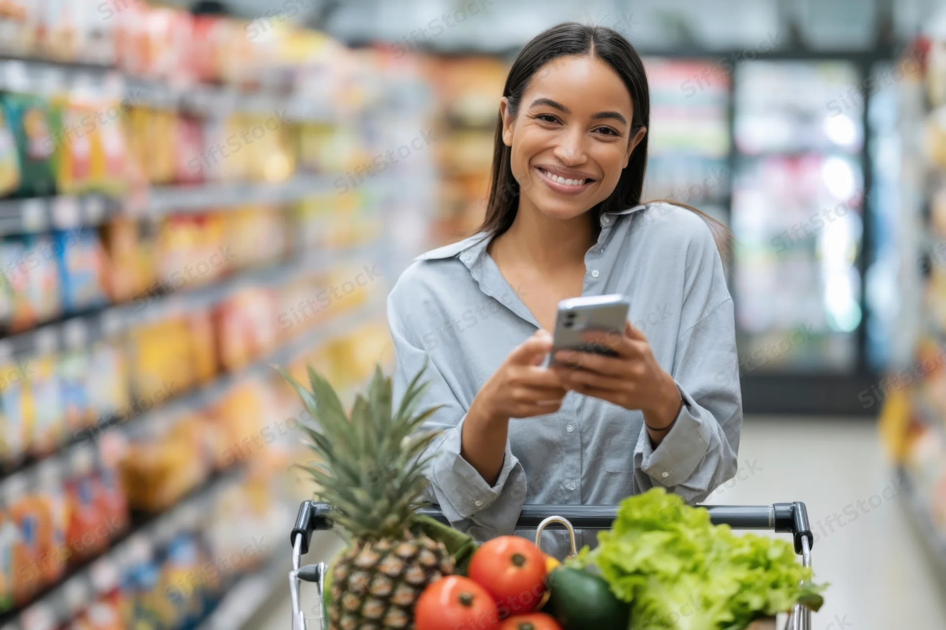 Woman smiling while using smartphone in supermarket aisle with grocery cart full of fresh produce