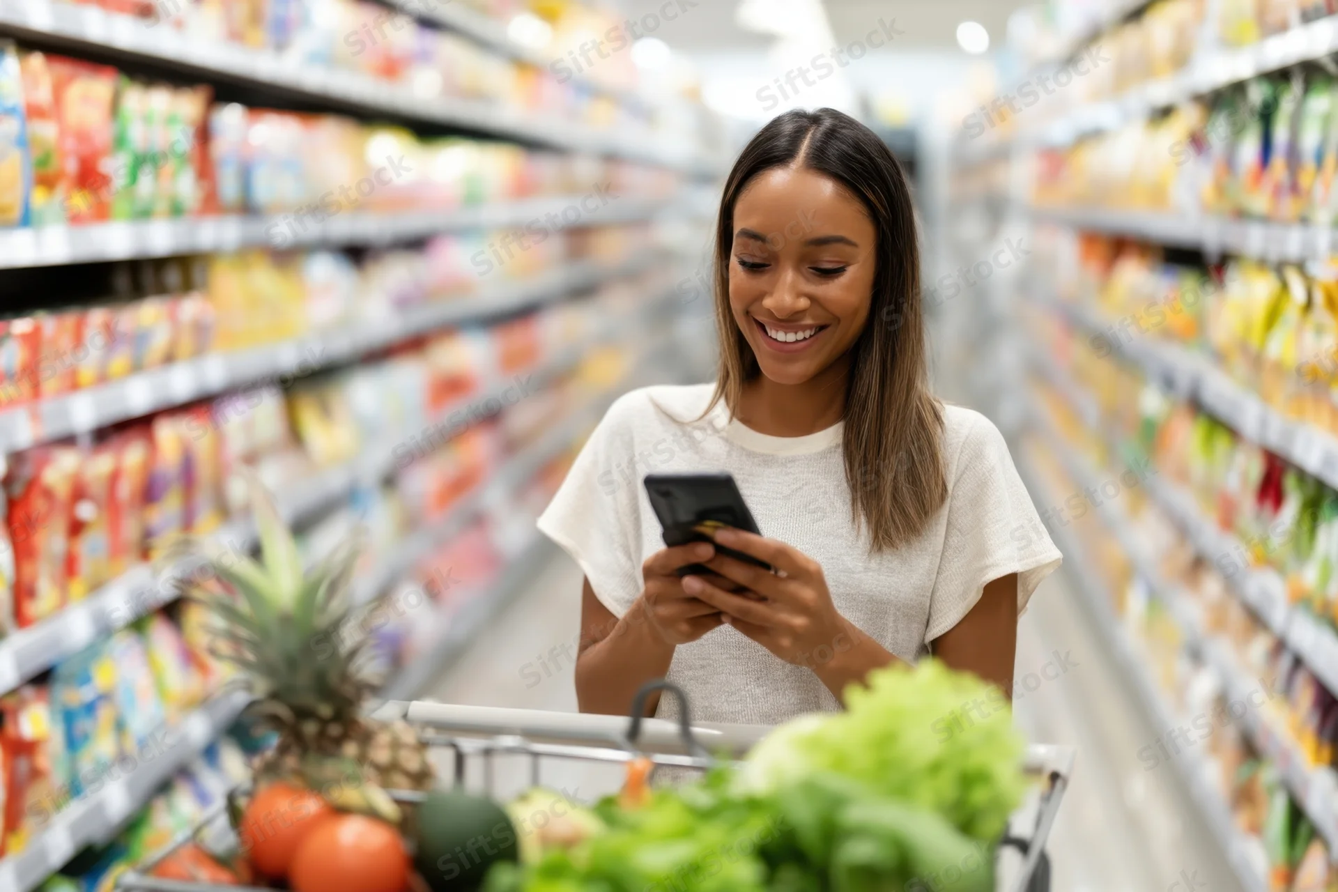 Woman smiling while using smartphone in supermarket aisle with grocery cart full of produce