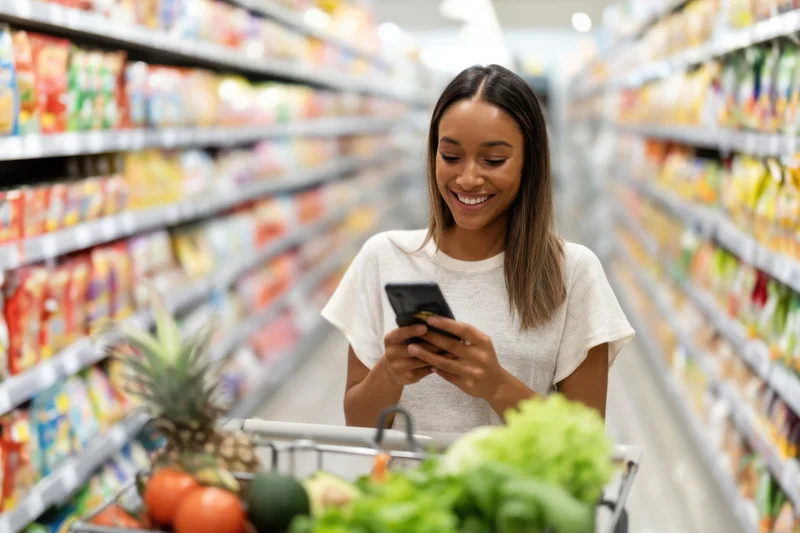 Woman smiling while using smartphone in supermarket aisle with grocery cart full of produce