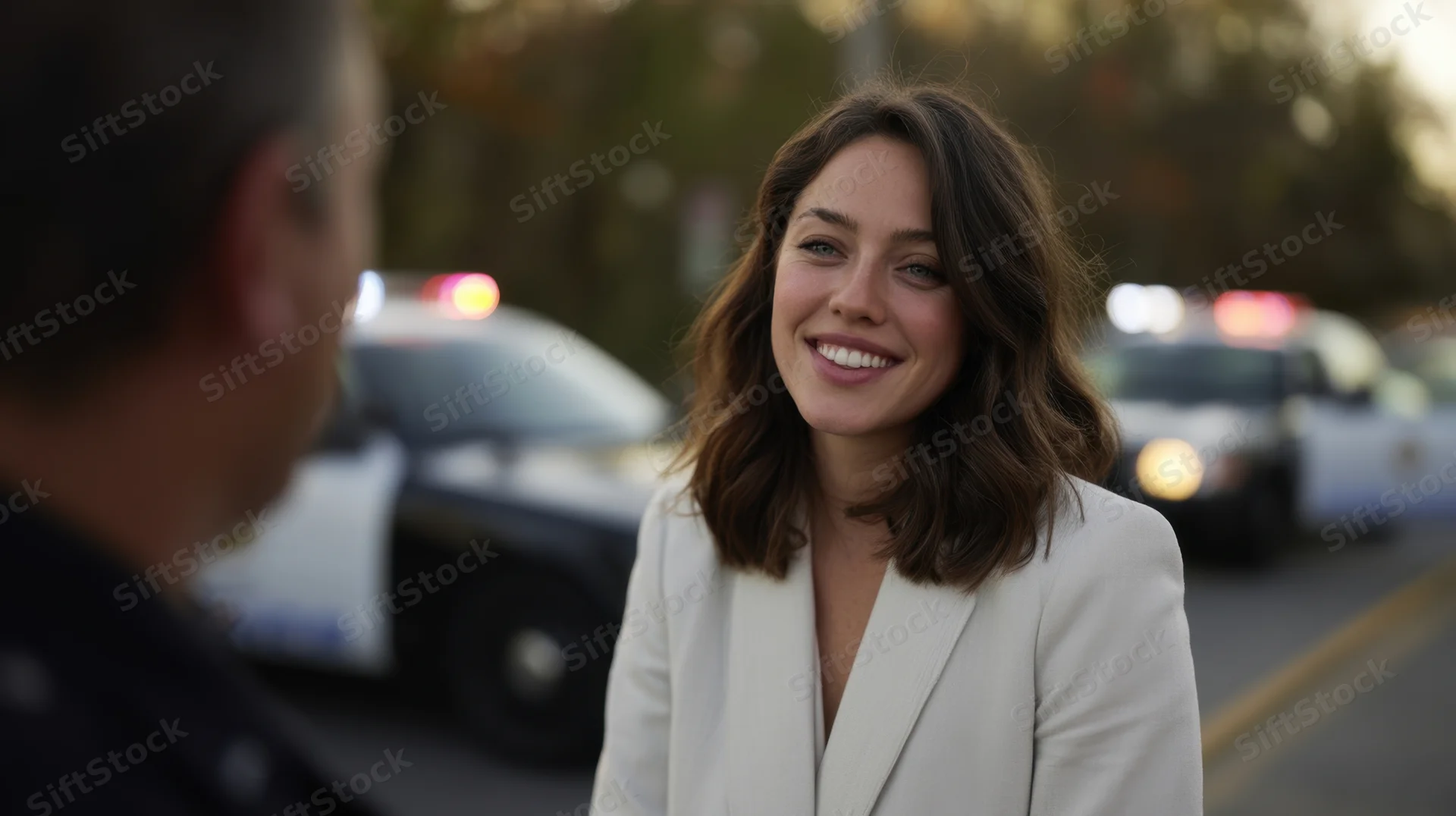 Woman in white blazer smiling during conversation with police officer on street